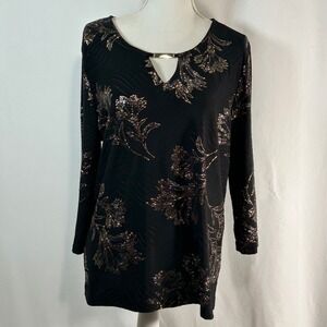 JM Collection Womens Black Gold Floral Keyhole Neck Long Sleeve Top XL